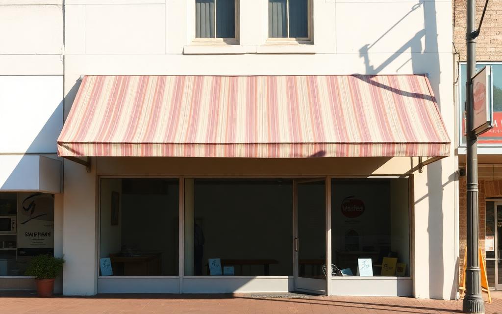 Concept placeholder image of a small shopfront with a striped awning on a regional main street