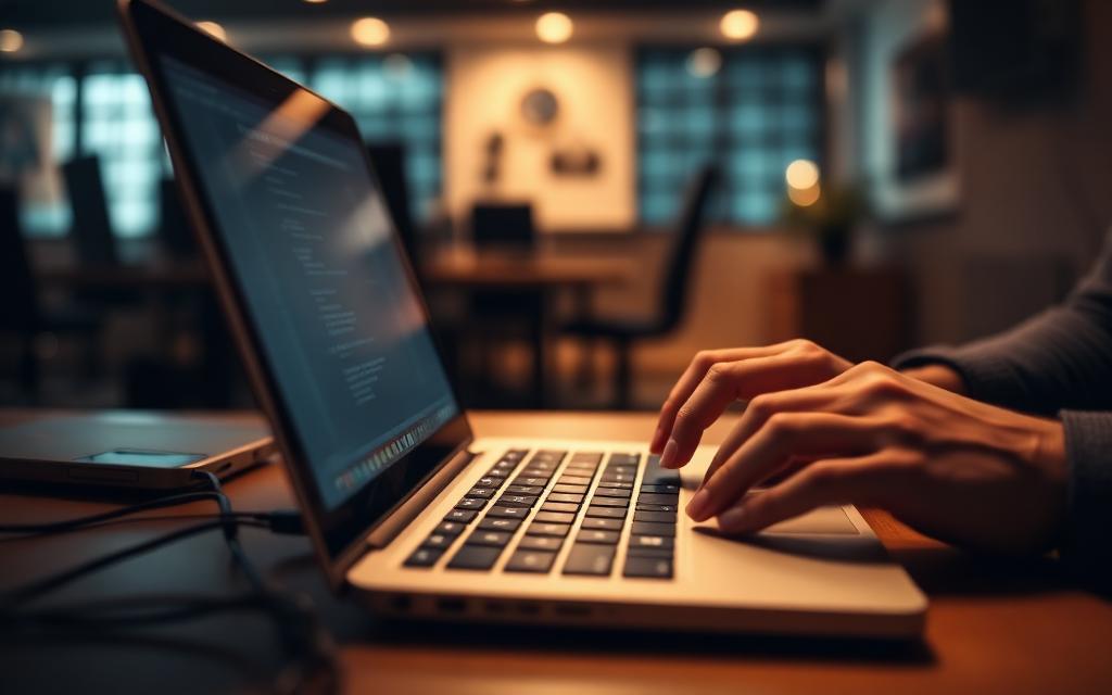 Concept placeholder image of hands typing on a laptop in a dim office