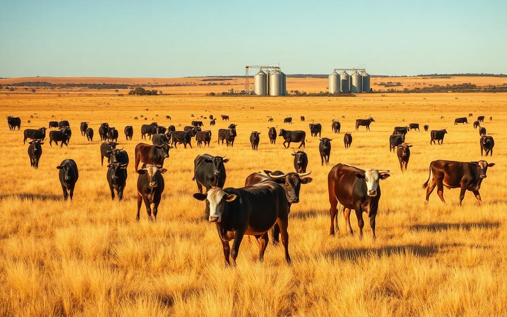 Concept placeholder image of cattle grazing on golden plains with grain silos in the distance