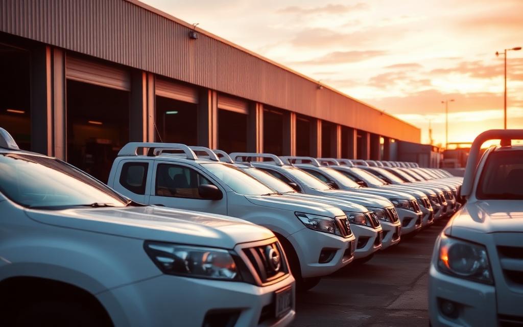 Concept placeholder image of a row of white work utes parked in a depot yard at dawn