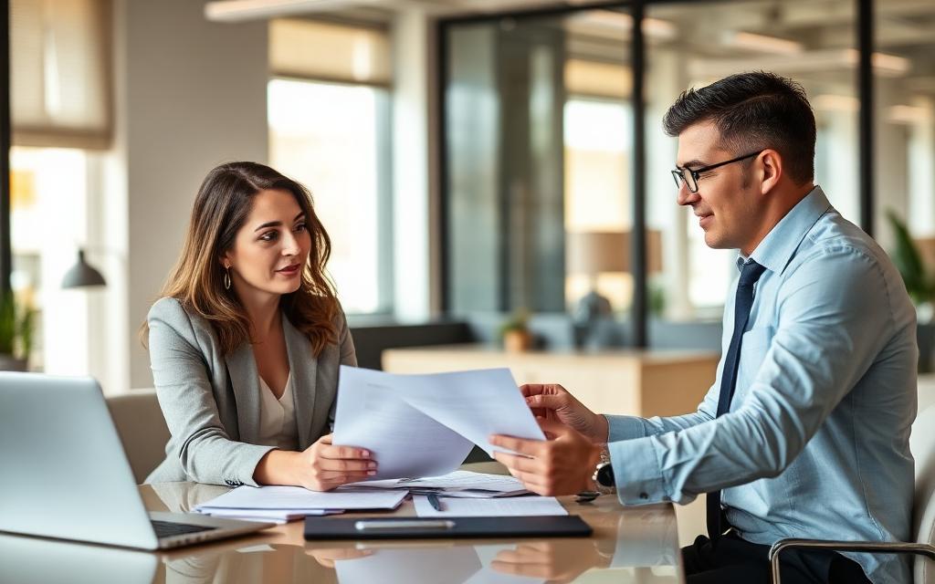 Concept placeholder image of an adviser and client reviewing documents across a desk