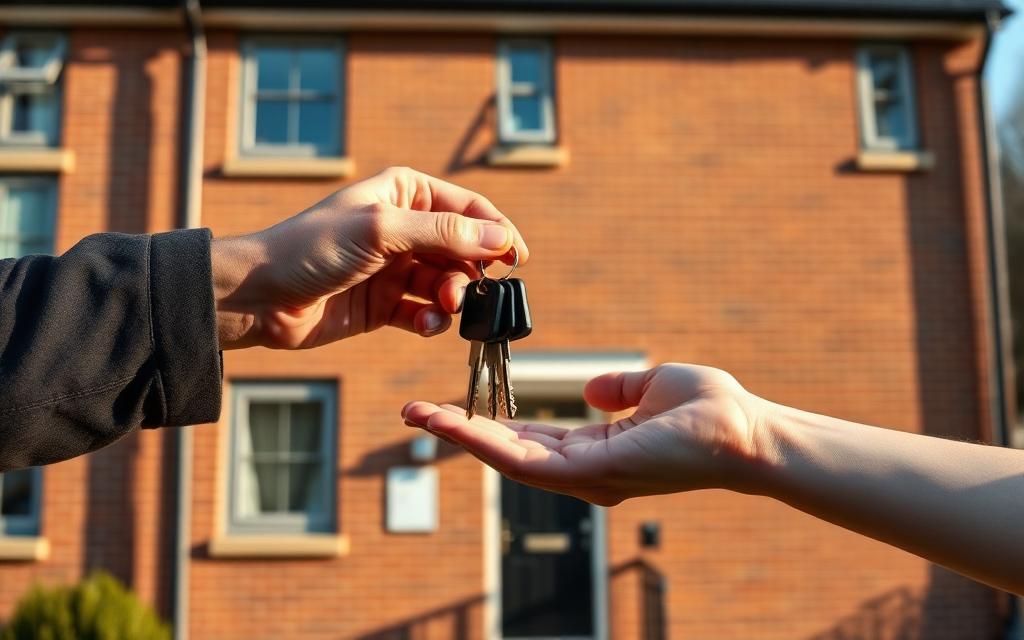 Concept placeholder image of house keys being handed over in front of a brick unit block