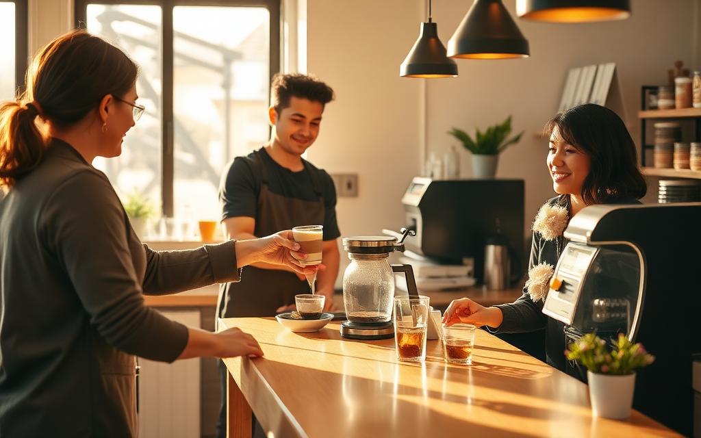 Concept placeholder image of a barista passing a coffee to a customer at a cafe counter