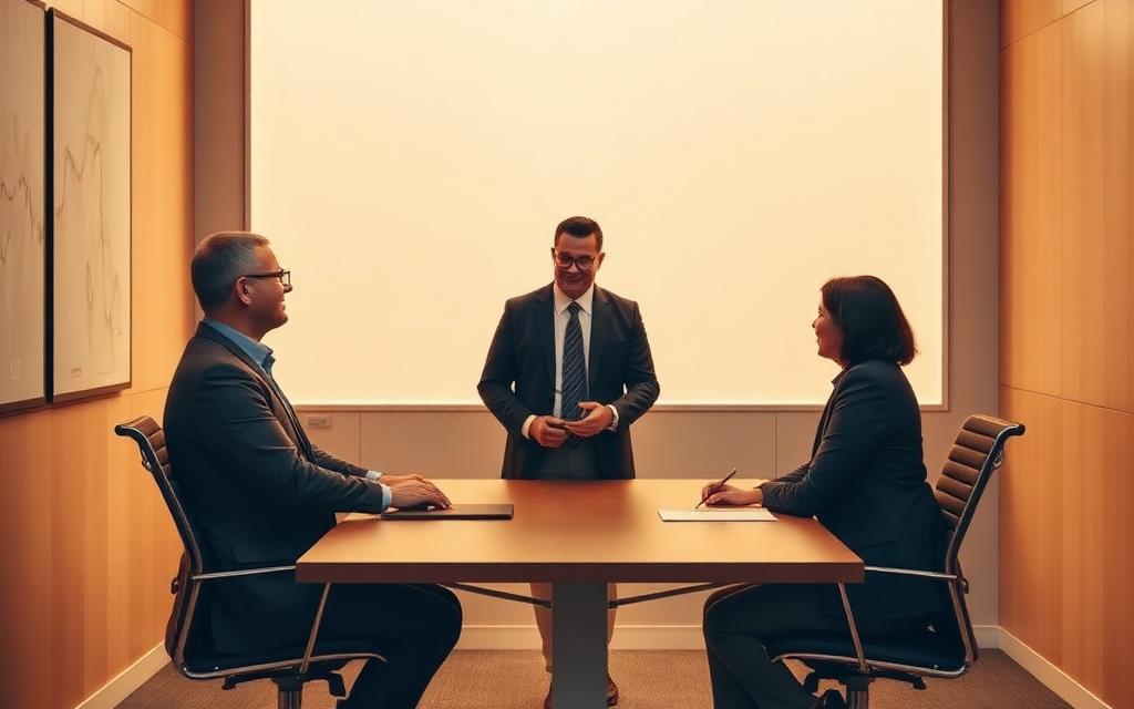 Concept placeholder image of three people meeting in a small boardroom