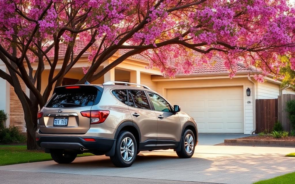 Concept placeholder image of a family SUV parked in a suburban driveway beside a jacaranda tree